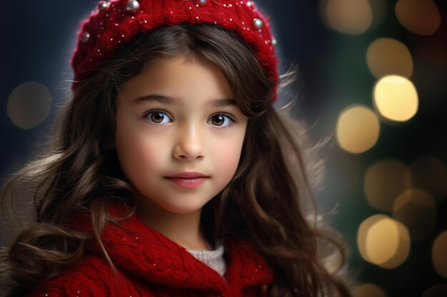 Image générative de l'IA d'une charmante fille en chapeau de père Noël sur un fond lumineux de Noël flou