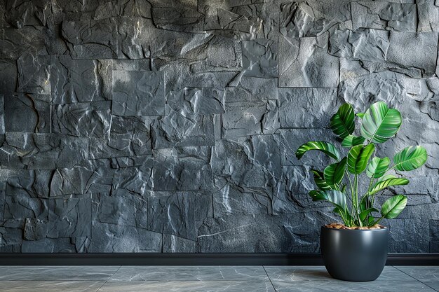 Image générative d'IA du concept moderne d'arrière-plan mural à motif de pierre foncée avec plante d'intérieur