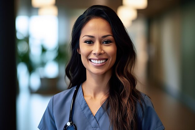 Image générative d'IA du portrait d'une jeune médecin hispanique souriante en uniforme et au stéthoscope