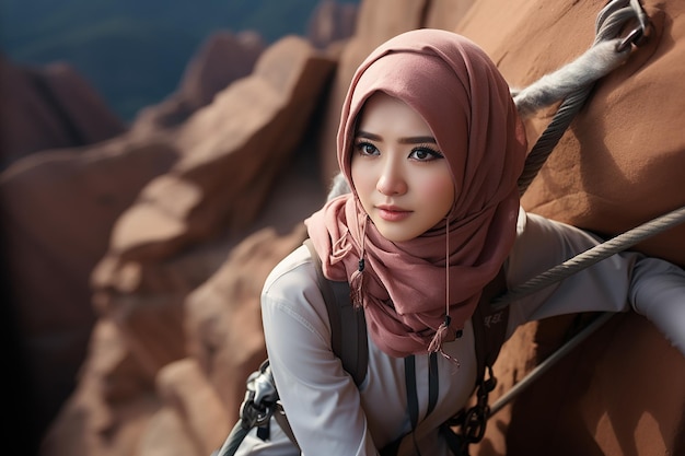 Image générative d'IA d'une fille musulmane asiatique portant le hijab escaladant une falaise rocheuse