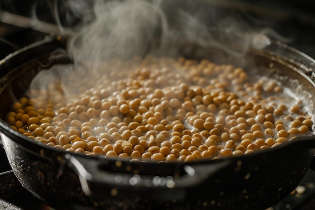 Image générative d'IA de graines de soja bouillies avec de l'eau bouillante dans un bol à casserole