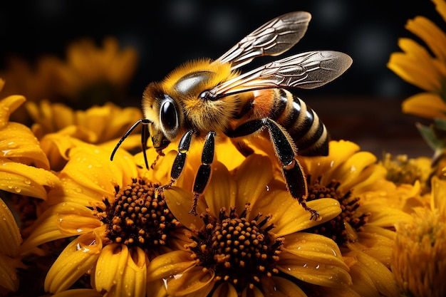 Image générative d'IA d'un insecte d'abeille domestique collectant du pollen sur un tournesol dans un jardin fleuri