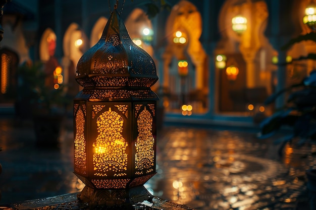 Image générative d'IA d'une lanterne islamique arabe avec une lumière dorée à l'extérieur de la mosquée la nuit