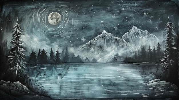 Une image générative d'IA de la montagne du lac de craie et de la lune pendant la nuit sombre