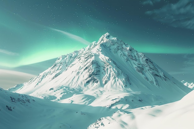 Image générative de l'IA de la montagne enneigée en hiver avec l'Aurora Borealis dans le ciel bleu