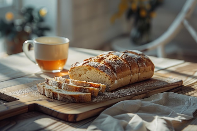 Image générative d'IA de pain de blé tranché avec boisson au thé sur une table en bois