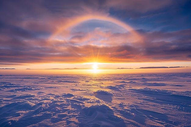 Photo image générative de l'ia de la terre enneigée au pôle antarctique avec la lumière du soleil au lever du soleil