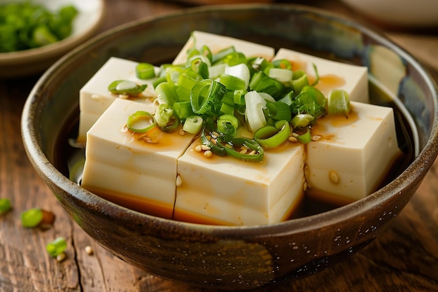 Image générative d'IA de tofu blanc avec sauce de soja salée et oignons de printemps tranchés dans un bol