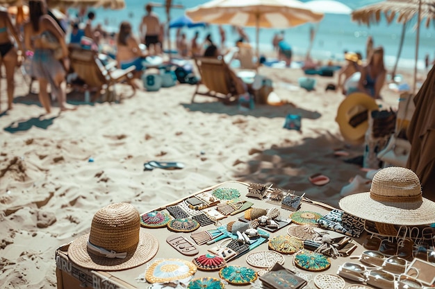 Photo image générative d'ia de la vente d'été avec vente d'accessoires souvenir sur la plage