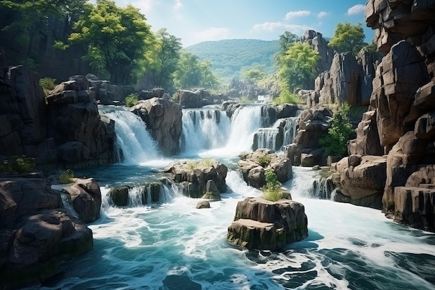 Image générative d'IA de la vue sur la nature avec une cascade coulant dans la rivière par une journée ensoleillée