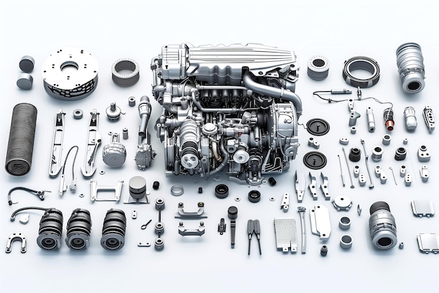 Une image générative d'intelligence artificielle du moteur d'une voiture a été démontée et séparée sur un fond blanc