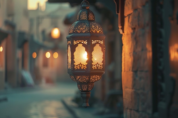 Image générative d'une lanterne islamique accrochée à l'extérieur de la maison avec l'arrière-plan d'une route du village