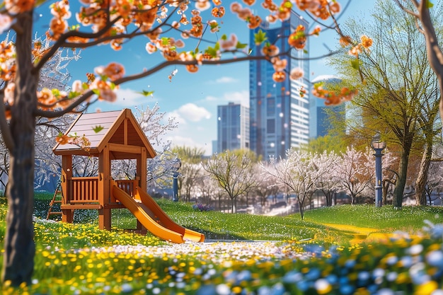 Image générative d'une maison en bois dans un parc de la ville avec des fleurs qui fleurissent au printemps