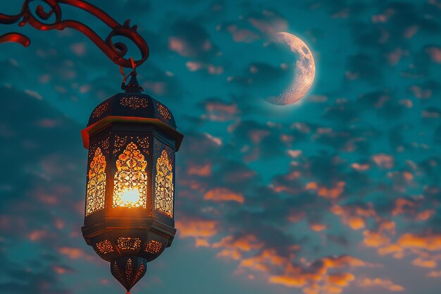 Image générative par l'IA de l'arrière-plan d'une lanterne islamique accrochée à l'extérieur avec la lune le soir