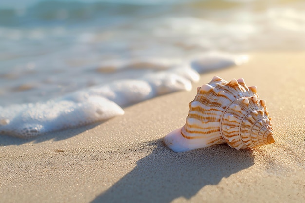 Image générative par IA d'une coquille de mer sur le rivage avec des vagues d'eau