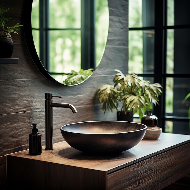 Image générative par IA d'un miroir rond dans la salle de bain avec évier et design d'intérieur moderne