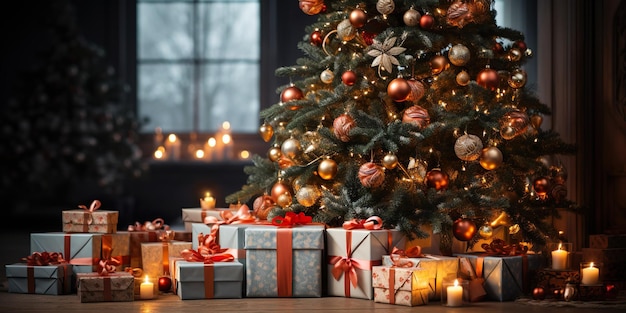 Image générative d'un sapin de Noël avec des lumières vives et des cadeaux