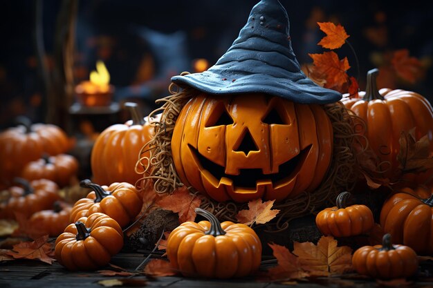 Image générative d'une tête de citrouille d'Halloween effrayante dans une maison hantée