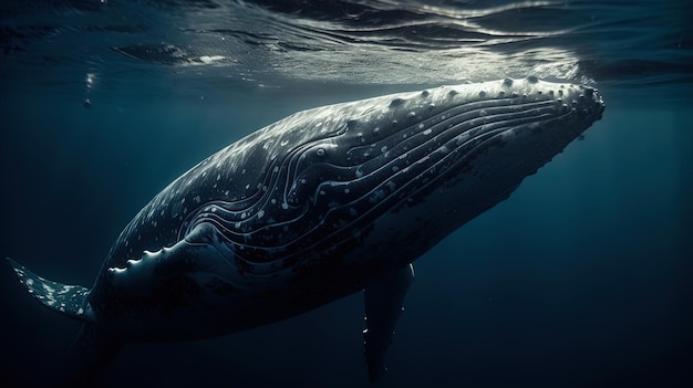 Image générée avec AI Une baleine dans la mer avec des rayons de soleil brillant dessus