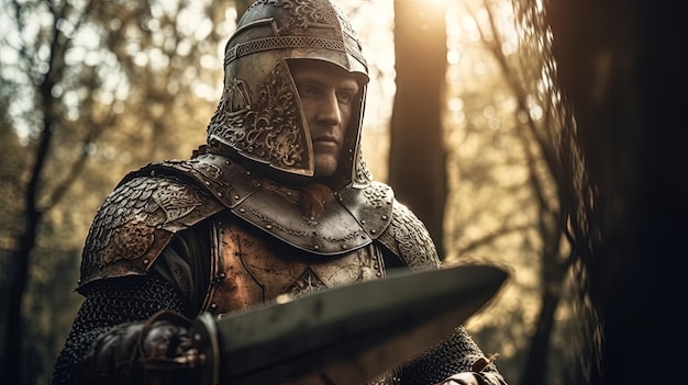 Photo image générée avec ai chevalier médiéval dans son armure dans la forêt