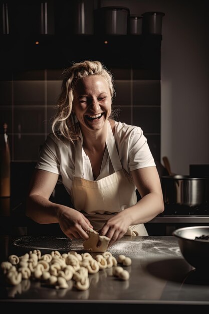 Image générée avec AI Femme chef souriant préparant des gnocchis