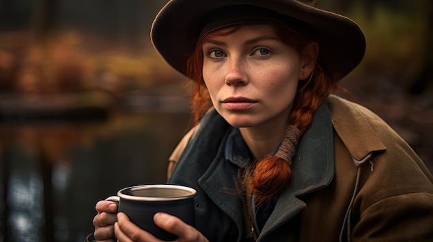 Image générée avec AI Portrait d'une belle femme rousse buvant du café dans un camp