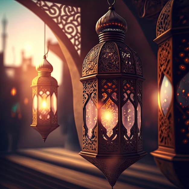 Image générée par ai belle lanterne arabe dans une mosquée