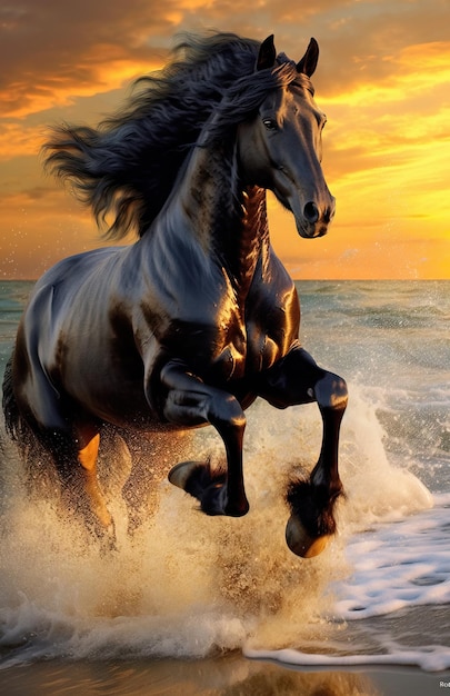 Image générée par AI de coucher de soleil de cheval noir Image générée par AI de haute qualité