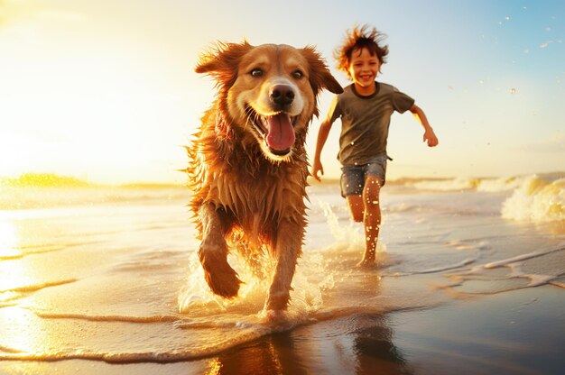 Image générée par Ai d'enfants heureux courant sur la côte de la plage Photo de haute qualité