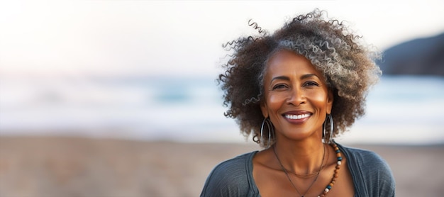 Image générée par Ai d'une femelle mature noire sur la plage Photo de haute qualité