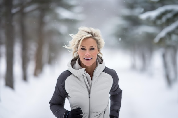 Image générée par Ai d'une femme âgée mature courant en hiver Photo de haute qualité