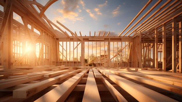 Image générée par l'IA abstraite de la construction d'une nouvelle maison à charpente en bois