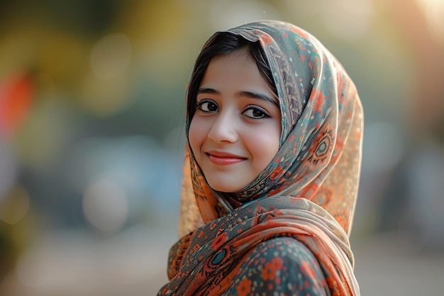 Image générée par l'IA d'une belle fille indienne portant un hijab avec une expression souriante