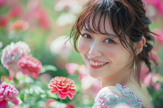 Image générée par l'IA d'une belle fille japonaise dans un parc de fleurs avec une expression souriante