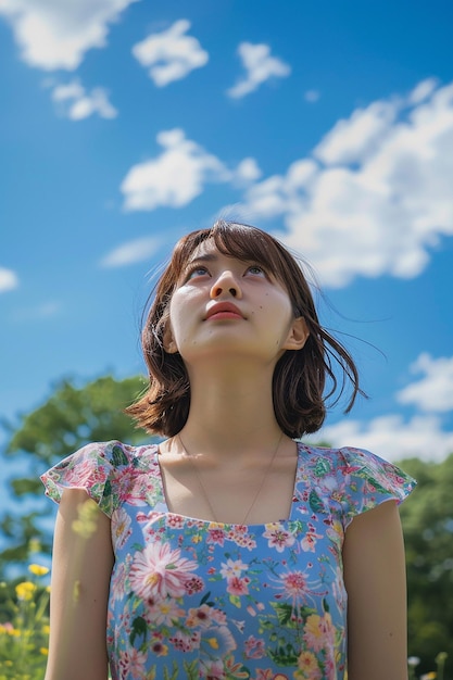 Image générée par l'IA d'une belle fille japonaise dans un parc de fleurs regardant le ciel bleu