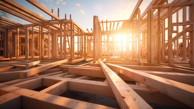 Image générée par l'IA d'un cadre de maison en bois abstrait vu sur le chantier de construction