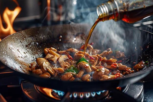 Image générée par l'IA d'un champignon à bouton de cuisson dans un wok avec de la sauce soja douce