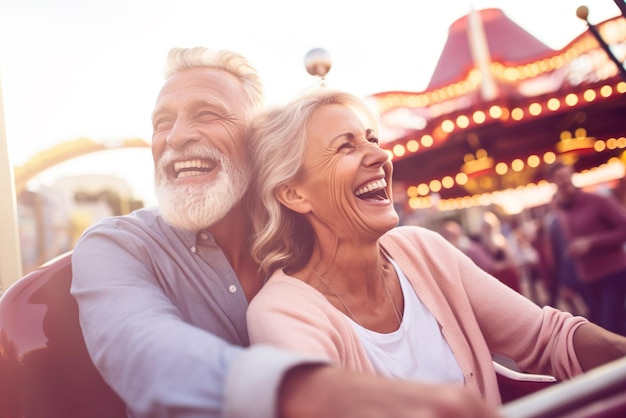 Image générée par l'IA d'un couple d'âge mûr heureux dans un parc d'attractions Photo de haute qualité