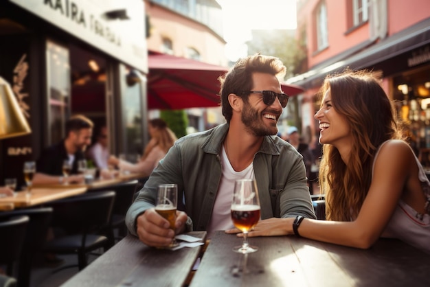 Image générée par l'IA d'un couple heureux avec de la bière dans un restaurant extérieur Photo de haute qualité