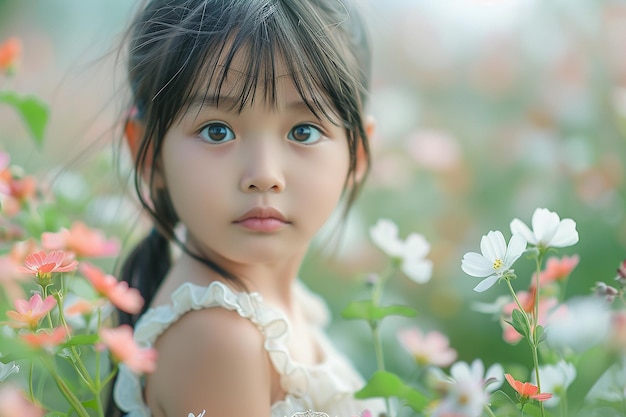 Image générée par l'IA du portrait d'une belle petite fille dans un parc de fleurs au printemps