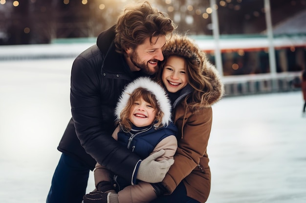 Image générée par l'IA d'une famille heureuse sur un anneau de glace Photo de haute qualité