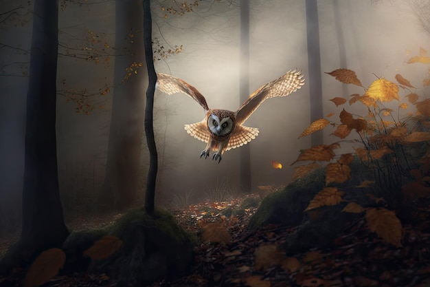 Image générée par l'IA de la faune de la chouette volante parmi les arbres d'automne au matin brumeux