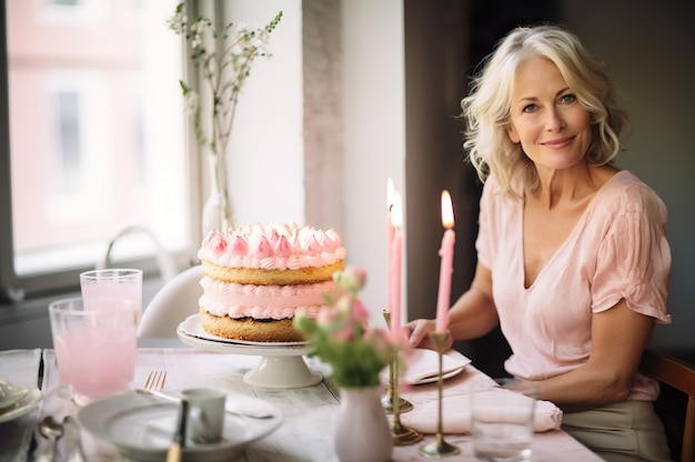 Image générée par l'IA d'une femme âgée mature avec un ballon et un gâteau Photo de haute qualité