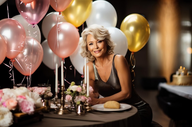 Photo image générée par l'ia d'une femme âgée mature avec un ballon et un gâteau photo de haute qualité