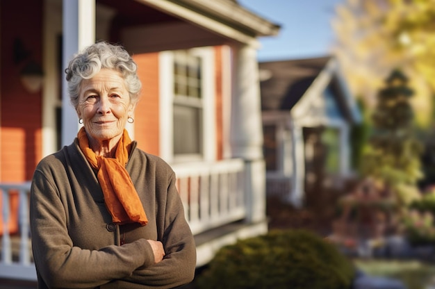 Image générée par l'IA d'une femme âgée mature devant la maison Photo de haute qualité