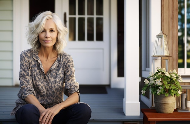 Image générée par l'IA d'une femme âgée mature devant la maison Photo de haute qualité