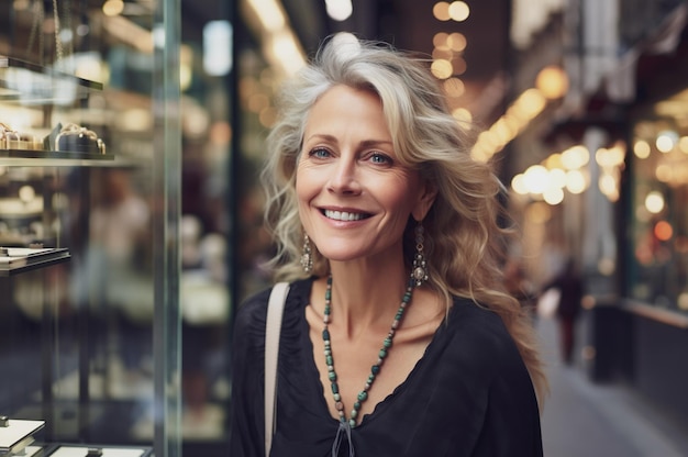 Image générée par l'IA d'une femme dans la ville devant un magasin Photo de haute qualité