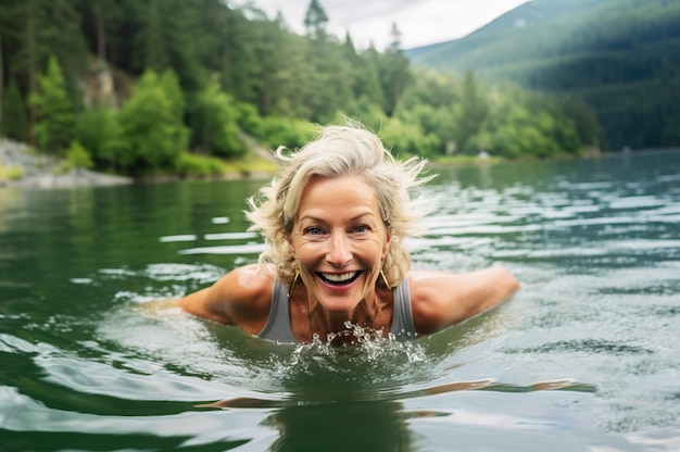 Image générée par l'IA d'une femme heureuse mature nageant dans le lac Photo de haute qualité