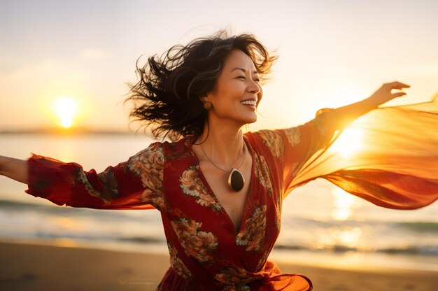 Une image générée par l'IA d'une femme mature heureuse sur la plage, photo de haute qualité.