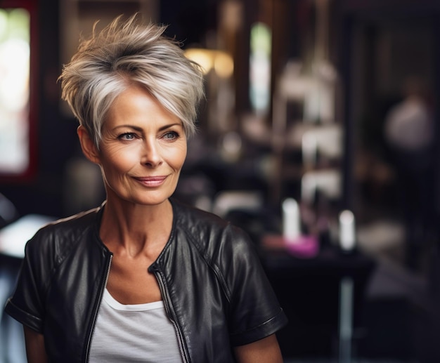 Image générée par IA d'une femme mature senior dans un salon de coiffure Photo de haute qualité